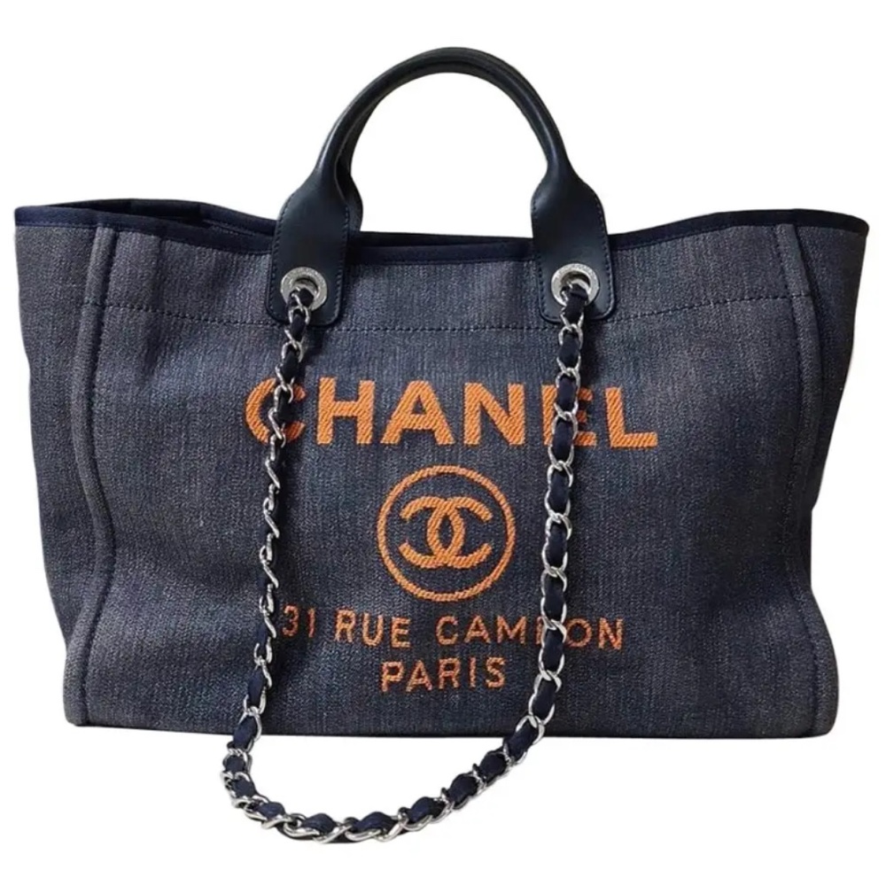 Authentic CHANEL Navy and Orange Logo Satchel